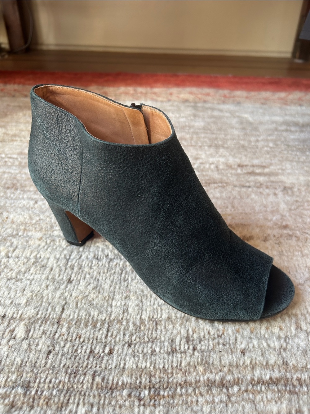 Maison Margiela Nubuck Peep Toe Heeled Ankle Boot, Green, Size 38,.5